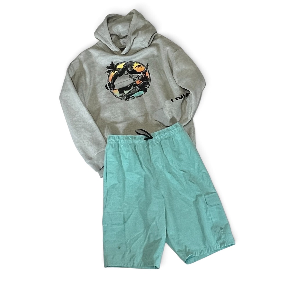 Hurley Boys 2 Piece Set Gray Gorilla Hoodie and Teal Cargo Shorts XL 13-15 Years